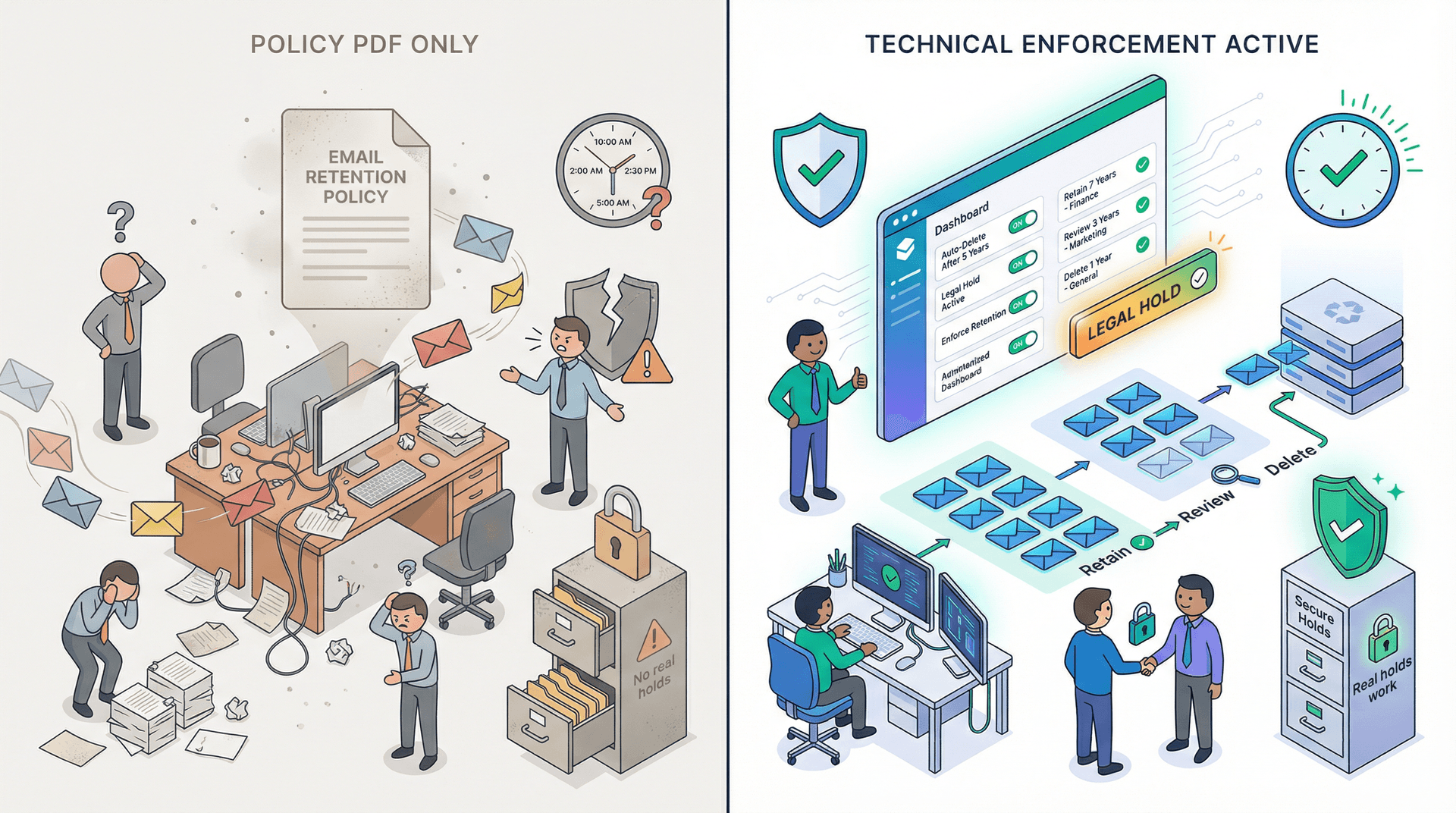 Before and after comparison showing the transformation from PDF-only email retention policies to technically enforced retention with active admin controls